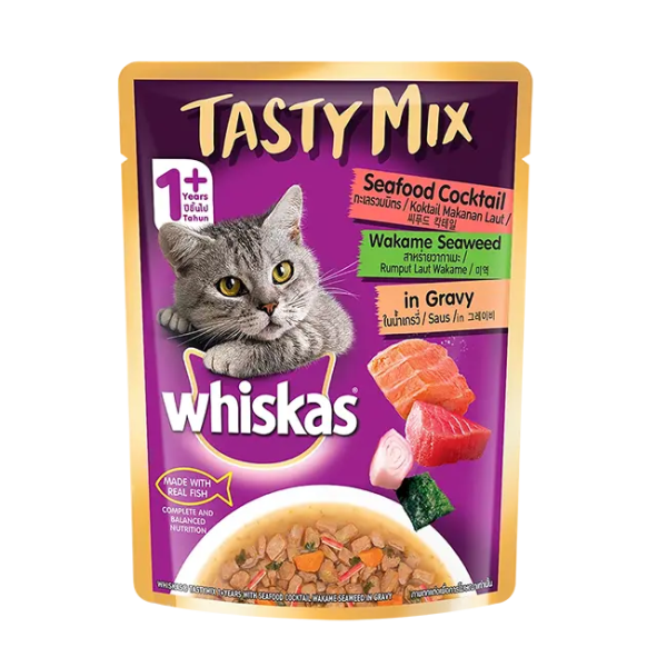 Whiskas Adult Tasty Mix Seafood Cocktail & Seaweed in Gravy Pouch (70gm)