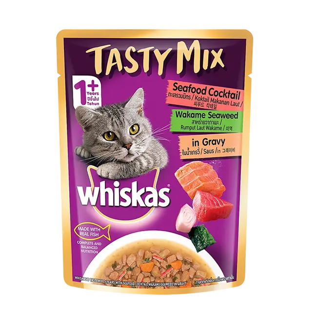 Whiskas adult tasty mix seafood cocktail & seaweed in gravy pouch (70gm) 1 Whiskas Adult Tasty Mix Seafood Cocktail &Amp;Amp; Seaweed In Gravy Pouch (70Gm)