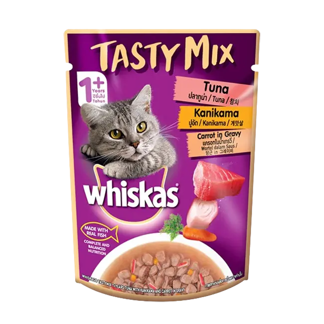 Whiskas Adult Tasty Mix Tuna with Kanikama & Carrot in Gravy Pouch (70gm)